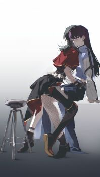 2girls absurdres bang_dream! bang_dream!_it&#039;s_mygo!!!!! black_boots black_hair black_pants blue_jacket boots capelet chinese_commentary closed_mouth commentary_request fishnet_thighhighs fishnets gradient_background green_eyes hand_on_another&#039;s_thigh highres jacket long_hair multiple_girls on_lap oulej79 pants purple_eyes purple_hair red_capelet shiina_taki single_thighhigh sitting thigh_boots thighhighs timoris_(bang_dream!) yahata_umiri yuri