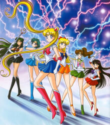 Rule 34 | 1990s (style), 6+girls, aino minako, ankle boots, back bow, bare legs, bishoujo senshi sailor moon, bishoujo senshi sailor moon r, black choker, black footwear, black hair, black sailor collar, black skirt, blonde hair, blue background, blue bow, blue choker, blue eyes, blue footwear, blue hair, blue sailor collar, blue skirt, boots, bow, brooch, brown bow, brown hair, choker, circlet, clenched hands, collarbone, derivative work, double bun, earrings, elbow gloves, full body, garnet rod, gloves, green choker, green eyes, green footwear, green hair, green sailor collar, green skirt, hair bobbles, hair bow, hair bun, hair ornament, hairpin, high heels, high ponytail, highres, hino rei, holding, holding staff, jewelry, kino makoto, knee boots, legs apart, legs together, light particles, lightning, long hair, magical girl, marco albiero, meiou setsuna, mizuno ami, multiple girls, orange choker, orange footwear, orange sailor collar, orange skirt, parted lips, pink bow, pleated skirt, purple bow, purple eyes, red bow, red choker, red eyes, red footwear, red sailor collar, red skirt, retro artstyle, sailor collar, sailor jupiter, sailor mars, sailor mercury, sailor moon, sailor pluto, sailor senshi, sailor senshi uniform, sailor venus, serious, shoes, short hair, single hair bun, skirt, staff, standing, standing on one leg, star (symbol), star earrings, tsukino usagi, twintails, white gloves