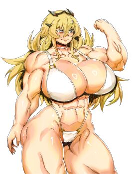 Rule 34 | 1girl, abs, absurdres, bare shoulders, barghest (fate), biceps, bikini, blonde hair, blue eyes, blush, breasts, choker, cleavage, commentary, fate/grand order, fate (series), flexing, heterochromia, highres, horns, huge breasts, long hair, looking to the side, minew, multicolored bikini, muscular, muscular female, navel, red eyes, smile, solo, swimsuit, thick thighs, thighs, white bikini