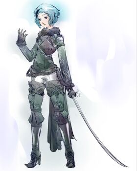 1girl arm_up black_gloves blue_hair boots commentary cosplay full_body fur-trimmed_jacket fur_trim gloves green_jacket high_heel_boots high_heels highres holding holding_sword holding_weapon jacket nier nier_(brother) nier_(brother)_(cosplay) nier_(series) pants persona persona_3 short_hair solo standing sword weapon white_pants xeeoh yamagishi_fuuka