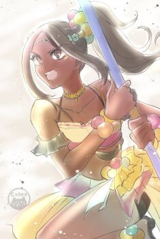 1girl bare_shoulders bracelet breasts brown_hair cf_wing cleavage dark-skinned_female dark_skin eyeliner eyeshadow fire_emblem fire_emblem_engage high_ponytail holding holding_polearm holding_weapon jewelry makeup nintendo open_mouth pearl_belt pearl_bracelet pearl_hair_ornament pink_eyeliner pink_eyeshadow polearm ponytail small_breasts solo star-shaped_pupils star_(symbol) symbol-shaped_pupils timerra_(fire_emblem) very_dark_skin weapon