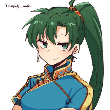 1girl alonemistrist blue_dress breasts closed_mouth commentary dress earrings english_commentary fire_emblem fire_emblem:_the_blazing_blade green_eyes green_hair jewelry looking_to_the_side lyn_(fire_emblem) medium_breasts nintendo ponytail short_sleeves smile solo upper_body white_background