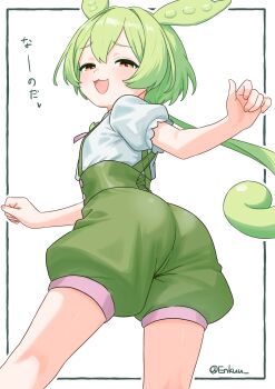 1girl :3 absurdres ass ass_focus commentary_request flat_chest green_hair green_overalls green_shorts green_suspenders highres looking_at_viewer low_ponytail open_mouth overalls pea_pod poke_kuu ponytail puffy_shorts shirt shorts simple_background voicevox white_background white_shirt yellow_eyes zundamon