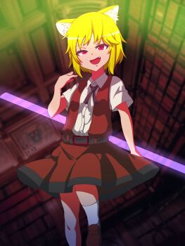 Rule 34 | 1girl, absurdres, animal ear fluff, animal ears, asymmetrical hair, belt, black belt, blonde hair, bow, bowtie, breasts, brown bow, brown bowtie, brown shoes, brown skirt, brown vest, collared shirt, commentary request, cookie (touhou), fang, foot out of frame, fox ears, fox girl, highres, holding, indoors, library, looking at viewer, miramikaru riran, nickel 0114, open mouth, raised eyebrows, red eyes, revision, shirt, shoes, short hair, short sleeves, skirt, small breasts, smile, smug, socks, solo, vest, white shirt, white socks