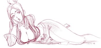 Rule 34 | 1girl, a tai, absurdres, breasts, cleavage, cropped jacket, fatal fury, fatal fury: city of the wolves, feet out of frame, gloves, head on hand, highres, large breasts, long hair, midriff, monochrome, motoyui, navel, open mouth, parted bangs, partially unzipped, ponytail, shiranui mai, sketch, solo