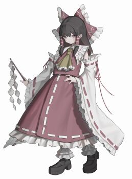 Rule 34 | 1girl, absurdres, ascot, blush, bow, brown eyes, brown hair, brown shoes, closed mouth, commentary, detached sleeves, frilled bow, frilled hair tubes, frills, full body, gohei, hair bow, hair tubes, hakurei reimu, hand on own hip, highres, holding, holding gohei, long hair, looking at viewer, red bow, red skirt, ribbon-trimmed skirt, ribbon-trimmed sleeves, ribbon trim, sei (sei ha1), shoes, simple background, skirt, skirt set, socks, solo, touhou, white background, white socks, yellow ascot