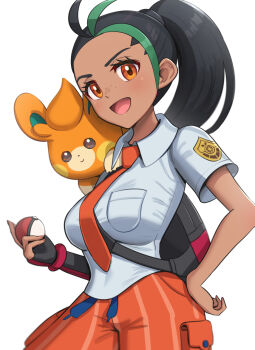 1girl dark-skinned_female dark_skin freckles gloves gonzarez hair_pulled_back highres multicolored_hair necktie nemona_(pokemon) nintendo on_shoulder orange_necktie orange_shorts pawmi pokemon pokemon_(creature) pokemon_on_shoulder pokemon_sv red_gloves shorts single_glove streaked_hair two-tone_gloves