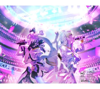 2girls aoi_tete bare_arms bare_shoulders belt_pouch black_gloves black_hair blonde_hair blunt_bangs blurry bracelet braid choker concert confetti cure_kiss cure_zukyuun depth_of_field dress earrings finger_gun frilled_dress frilled_ribbon frilled_skirt frilled_sleeves frills gingham_dress gloves gradient_hair green_hair hair_ornament hair_ribbon hair_tie hair_wings half_gloves heart-shaped_lock heart_shaped_lock highres holding holding_earbud holding_microphone idol in-ear_earphones jewelry kimi_to_idol_precure long_hair microphone multicolored_hair multiple_earrings multiple_girls music open_mouth parted_bangs pearl_earrings pink_hair pouch precure puffy_short_sleeves puffy_sleeves ribbon ribbon_choker short_sleeves sideways profile signature singing skirt sleeveless stadium stadium_lights stage stage_lights sweat sweatdrop throwing throwing_confetti twin_braids twintails twitter_username upper_body very_long_hair watermark white_gloves wing_hair_ornament wrist_cuffs