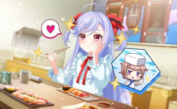 Rule 34 | + +, 2girls, ahoge, blurry, blurry background, blurry foreground, blush, brown hair, commentary request, depth of field, food, game cg, hat, heart, heart-shaped pupils, highres, long hair, looking at viewer, multiple girls, niizuma yae, official art, purple eyes, ribbon, sasuga chisa, smile, sparkle, sparkle background, sparkling eyes, spoken heart, star-shaped pupils, star (symbol), symbol-shaped pupils, third-party source, world dai star