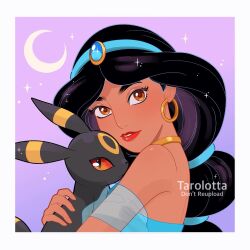1girl aladdin_(movie) artist_name black_hair blue_hairband brown_eyes commentary crescent_moon crossover dark-skinned_female dark_skin earrings gen_2_pokemon hairband highres holding holding_pokemon hoop_earrings jasmine_(disney) jewelry long_hair looking_at_viewer moon neck_ribbon nintendo off_shoulder parted_lips pokemon pokemon_(creature) purple_background red_lips ribbon sparkle symbol-only_commentary tarolotta umbreon watermark