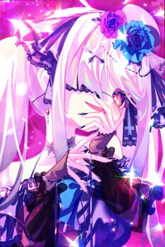 Rule 34 | 1girl, absurdres, black choker, black dress, black nails, choker, commentary request, cross, cross earrings, diamond earrings, dress, earrings, eyelashes, eyepatch, fingernails, gloves, gothic lolita, grey hair, hair over one eye, hand on own face, hands up, highres, jewelry, kuronohanpen, lace, lace-trimmed sleeves, lace choker, lace gloves, lace trim, lolita fashion, long sleeves, looking at viewer, nail polish, nijisanji, off-shoulder dress, off shoulder, one eye covered, parted lips, pink theme, red eyes, see-through clothes, see-through sleeves, sidelocks, smile, solo, sukoya kana, sukoya kana (2nd costume), twintails, upper body, virtual youtuber