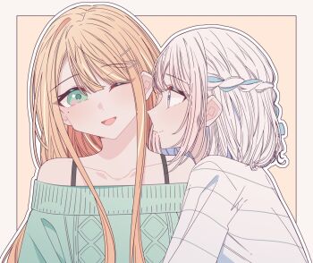 2girls blue_ribbon border braid closed_mouth commentary_request gakuen_idolmaster green_eyes green_sweater hair_ribbon half_up_braid idolmaster katsuragi_lilja kousaka_0v0 long_hair looking_at_another medium_hair mole mole_under_eye multiple_girls off-shoulder_sweater off_shoulder one_eye_closed open_mouth orange_background orange_hair outline ribbon ribbon_braid shirt shiun_sumika simple_background smile sweater white_border white_hair white_outline white_shirt yuri