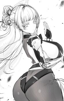 1girl absurdres ass breasts colored_eyelashes from_behind goddess_of_victory:_nikke greyscale highres huge_ass large_breasts mechanical_arms mechanical_hands mole mole_on_breast monochrome nayuta_(nikke) single_mechanical_arm single_mechanical_hand solo thick_eyelashes tokujou_mino unusually_open_eyes