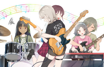 5girls absurdres anglediana awa_subaru bass_guitar black_choker black_hair black_shirt black_shoes black_thighhighs breasts brown_hair brown_shirt brown_shorts cable chinese_commentary choker classroom cleavage closed_mouth collarbone commentary_request drum drum_set drumsticks earclip ebizuka_tomo electric_guitar fang fender_telecaster gibson_sg_(bass) girls_band_cry green_ribbon green_shirt grey_eyes grey_hair grey_hairband guitar guitar_strap hair_between_eyes hair_ribbon hairband highres holding holding_drumsticks hug hug_from_behind instrument iseri_nina kawaragi_momoka keyboard_(instrument) long_hair long_hair_between_eyes mole mole_under_eye multiple_girls nord_electro_6 open_mouth parted_bangs pink_shirt plaid_clothes plaid_shorts plaid_skirt red_skirt ribbon rupa_(girls_band_cry) shikai_no_sumi_kuchiru_oto shirt shoes shorts single_thighhigh skirt squiggle thigh_strap thighhighs togenashi_togeari unmoving_pattern white_shirt yuri