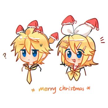 1boy 1girl ? blonde_hair blue_eyes blueberry_hedy christmas cropped_torso hair_ornament hairclip hat highres jitome kagamine_len kagamine_rin merry_christmas mini_hat mini_santa_hat necktie open_mouth ponytail sailor_collar santa_hat short_hair short_ponytail smile vocaloid