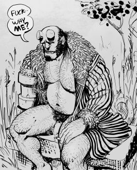 1boy absurdres balding bara bare_shoulders belly blank_eyes broken_horn demon_boy english_text excessive_pubic_hair facial_hair fat fat_man feet_out_of_frame goatee greyscale hairy hand_hair hellboy hellboy_(comic) highres horns large_pectorals male_focus male_pubic_hair mature_male monochrome monster_boy muscular muscular_male mutton_chops nipples pectorals pointy_ears pubic_hair sitting sketch_background smagma solo speech_bubble thick_chest_hair thick_leg_hair thick_thighs thighs ugly_bastard very_hairy
