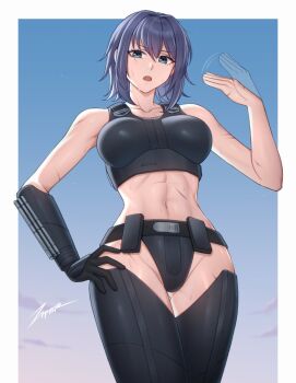 abs armor belt bikini bikini_armor black_bikini black_hair black_thighhighs blue_eyes breasts deathtrooper fanning_self gauntlets highleg highleg_bikini highres hot large_breasts midriff open_mouth scar shiny_skin short_hair signature sky star_wars sweat swimsuit thighhighs utility_belt zxpfer