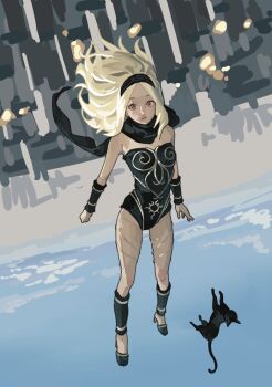 1girl bare_shoulders black_cat black_leotard black_scarf blonde_hair breasts cat commentary_request dark-skinned_female dark_skin gravity_daze h4sh1rnoto hairband high_heels highres kitten_(gravity_daze) leg_warmers leotard long_hair long_scarf looking_at_viewer red_eyes scarf small_breasts strapless strapless_leotard