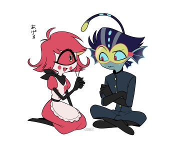 Rule 34 | 1boy, 1girl, :d, antenna hair, apron, arm at side, arm support, bandana, bandana around neck, baxter (hazbin hotel), belt, black bandana, black belt, black boots, black gloves, black hair, blue jacket, blue pants, blue sclera, boots, breasts, bug, buttons, circle facial mark, closed mouth, cockroach, colored sclera, colored skin, commentary request, crossed ankles, crossed arms, cyclops, dress, elbow gloves, fang, fewer digits, fins, flat color, flipped hair, freckles, frilled apron, frills, frown, full body, gloves, goggles, grey skin, hand up, hazbin hotel, head fins, hellaverse, high heel boots, high heels, highres, holding bug, indian style, insect, jacket, knee boots, looking at another, maid apron, medium dress, menma (enaic31), niffty (hazbin hotel), one-eyed, open mouth, pants, puffy short sleeves, puffy sleeves, raised eyebrow, red-framed eyewear, red dress, red eyes, red sclera, seiza, short hair, short sleeves, signature, simple background, sitting, small breasts, smile, tinted eyewear, translated, turtleneck, turtleneck jacket, very short hair, white apron, white background, white skin, yellow-tinted eyewear, yellow eyes