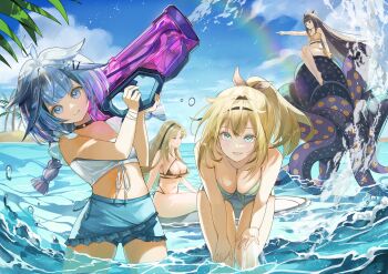 4girls aqua_eyes beach bikini black_hair blonde_hair blue_eyes blue_hair braid breasts cleavage commentary_request flat_chest hair_ornament hair_ribbon halo highres holding holding_water_gun hololive holonatsu_paradise kazama_iroha koganei_niko korean_commentary large_breasts leaning_forward long_hair looking_at_viewer medium_breasts medium_hair mizumiya_su multiple_girls ninomae_ina'nis ocean octopus open_mouth ribbon rutewell sitting sitting_on_surfboard small_breasts smile standing surfboard swimsuit tongue tongue_out twin_braids very_long_hair wading water_gun waves
