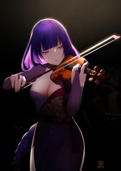 1girl alternate_costume artist_name black_background blunt_bangs bow_(music) braid breasts bridal_gauntlets cleavage commentary_request dress genshin_impact glowing glowing_eyes head_tilt highres holding holding_bow_(music) holding_instrument holding_violin huge_breasts instrument light_particles long_braid looking_down looking_to_the_side lystick mole mole_under_eye music parted_lips playing_instrument purple_eyes purple_hair raiden_shogun shade single_braid solo standing upper_body violin x_(symbol)