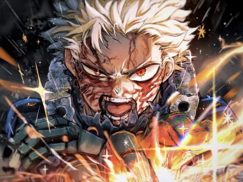 1boy arms_up bakugou_katsuki blonde_hair blood blood_on_face boku_no_hero_academia commentary english_commentary explosion gloves hand_on_own_arm highres injury looking_at_viewer male_focus multicolored_gloves open_mouth red_eyes shirt short_hair solo sparks spiked_hair teeth tongue torn_clothes torn_shirt uneven_eyes uni_ssansyo