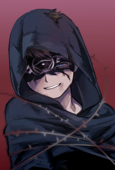 1boy blue_capelet blue_eyes bound brown_hair bruise bruise_on_face capelet eli_clark facial_mark highres hood hood_up hooded_capelet identity_v ieiieiiei injury looking_at_viewer male_focus print_blindfold red_background short_hair smile solo torn_blindfold torn_clothes upper_body