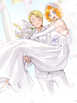 Rule 34 | 1boy, 1girl, bare shoulders, blonde hair, blue eyes, bouquet, breasts, bridal gauntlets, bridal veil, bride, carrying, commentary, couple, dress, flower, groom, hetero, holding, holding bouquet, koala (one piece), large breasts, looking at viewer, one piece, open mouth, orange hair, petals, princess carry, raine (acke2445), revision, sabo (one piece), scar, scar on face, shoes, strapless, strapless dress, veil, wedding dress, white dress, white shoes