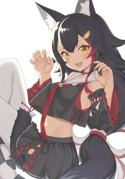 1girl 9nojo :d animal_ear_fluff animal_ears black_hair black_skirt blush breasts choker claw_pose detached_sleeves female_focus frilled_sleeves frills hair_between_eyes hair_ornament hairclip highres hololive long_hair looking_at_viewer midriff multicolored_hair navel ookami_mio ookami_mio_(1st_costume) open_mouth red_choker red_hair simple_background skirt smile solo streaked_hair tail tail_wrap thighhighs very_long_hair virtual_youtuber white_background white_thighhighs wide_sleeves wolf_ears wolf_girl wolf_tail yellow_eyes