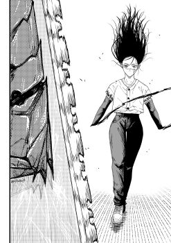 1girl amputee chainsaw chainsaw_devil chainsaw_man demon double_amputee facial_scar gitokuja greyscale highres long_hair monochrome no_mouth pants scar scar_on_cheek scar_on_face scar_on_nose shirt torn_clothes torn_sleeves yoru_(chainsaw_man)