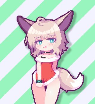 1girl ahoge animal_ears arknights black_choker blue_eyes blush choker commentary diagonal-striped_background dress dress_tug fox_ears fox_girl fox_tail fur-trimmed_dress fur_trim green_background grey_hair infection_monitor_(arknights) looking_at_viewer material_growth medium_hair open_mouth oripathy_lesion_(arknights) pixel_art red_dress santa_costume santa_dress solo striped_background sussurro_(arknights) tail thejunebug thigh_gap