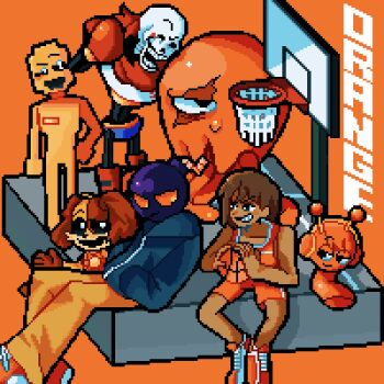 6+boys 9aaaalt29 :d ^_^ ball bare_arms bare_legs bare_shoulders basketball_(object) basketball_hoop black_eyes black_sclera blue_jacket bomb bright_pupils brown_hair character_request closed_eyes closed_mouth collarbone color_connection colored_sclera copyright_request crossover dark-skinned_male dark_skin double-parted_bangs explosive feet_out_of_frame five_nights_at_freddy's friday_night_funkin' frown full_body gloves grin hair_behind_ear hair_between_eyes hand_on_own_hip hands_up headphones highres holding holding_ball hood hood_down hooded_jacket incredibox jacket jitome kel_(faraway)_(omori) kel_(omori) knees_apart_feet_together long_sleeves looking_at_another male_focus multiple_boys multiple_crossover object_head omori on_floor open_mouth orange_background orange_sclera orange_shoes orange_shorts orange_tank_top oren_(sprunki) papyrus_(undertale) pixel_art puffy_long_sleeves puffy_sleeves raised_eyebrow red_gloves red_scarf scarf shoes short_hair shorts simple_background sitting skeleton smile sprunki standing tank_top undertale utdr_(toby_fox) white_eyes white_pupils whitty_(sock.clip)