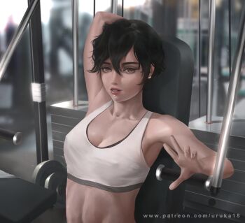 1girl arm_behind_head arm_up black_hair blurry blurry_background breasts cleavage commission covered_erect_nipples ear_piercing exercise_machine exercising face_piercing gym gym_uniform hand_up indoors lip_piercing lips looking_at_viewer messy_hair midriff orange_eyes original parted_lips piercing pinup_(style) short_hair sports_bra sweat uruka_18