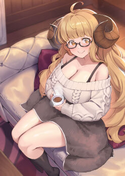 1girl absurdres ahoge alternate_breast_size_(larger) alternate_costume anila_(granblue_fantasy) aran_sweater bare_shoulders black_socks blanket blonde_hair blunt_bangs blush breasts cable_knit cleavage closed_mouth coffee_mug commentary_request commission couch cup curled_horns draph from_above glasses granblue_fantasy highres holding holding_cup horns indoors kimi_tsuru kneehighs large_breasts long_hair long_sleeves looking_at_viewer mug no_shoes off-shoulder_sweater off_shoulder on_couch paid_reward_available semi-rimless_eyewear shortstack skeb_commission smile socks solo steam sweater thick_eyebrows very_long_hair wavy_hair white_sweater yellow_eyes