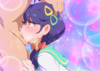 1boy 1girl aozora_middle_school_uniform brown_eyes censored clothed_female_nude_male deepthroat fellatio green_sailor_collar hair_ornament hand_on_another's_head hands_on_another's_head hetero irrumatio jcm2 long_hair mosaic_censoring nude oral penis precure purple_hair sailor_collar school_uniform solo_focus suzumura_sango tropical-rouge!_precure upper_body