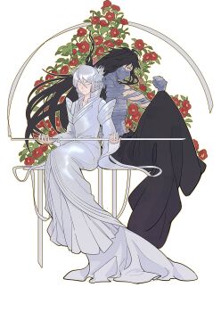 Rule 34 | 1boy, 1girl, absurdres, bandage on neck, bandaged chest, bandaged torso, bandages over mouth, bankai, black hair, bleach, commentary request, dress, form change, fragmen26931847, hakka no togame (bankai), highres, kuchiki rukia, kurosaki ichigo, mugetsu form (bleach), official alternate eye color, official alternate hair color, shikai, shinigami, torn bandages, torn cloth, white dress, white hair, zanpakutou