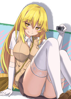 +_+ 1girl bag between_breasts blonde_hair breasts chain controller elbow_gloves errant female_focus gloves handbag large_breasts long_hair looking_at_viewer panties pantyshot remote_control school_uniform shokuhou_misaki sitting skirt smile solo strap_between_breasts sweater_vest symbol-shaped_pupils thighhighs toaru_kagaku_no_railgun toaru_majutsu_no_index underwear upskirt v-neck white_panties white_thighhighs yellow_eyes