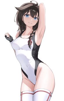 1girl absurdres ahoge beisaku_bei blue_eyes blush braid breasts brown_hair competition_swimsuit gloves hair_flaps hair_ornament hair_over_shoulder hair_ribbon highleg highres kantai_collection long_hair looking_at_viewer medium_breasts one-piece_swimsuit ribbon shigure_(kancolle) shigure_kai_san_(kancolle) single_braid smile solo swimsuit thighhighs white_background white_one-piece_swimsuit white_thighhighs