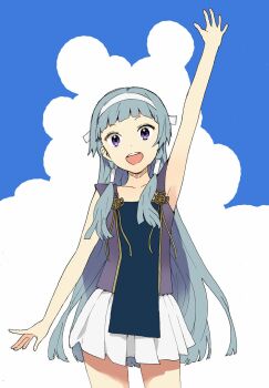1girl blunt_bangs cloud cropped_legs dress grey_hair headband highres kannagi long_hair looking_at_viewer nagi_(kannagi) open_mouth pleated_skirt purple_eyes purple_shirt shirt sidelocks skirt sky takenashi_eri twintails waving white_dress white_headband