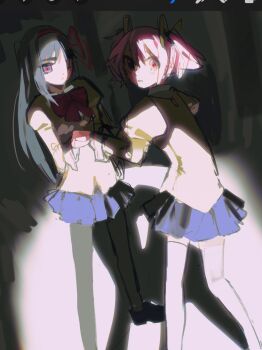 2girls akemi_homura black_hair blue_skirt bow dress_bow feet_out_of_frame from_behind hair_ribbon highres holding_hands kaname_madoka long_sleeves looking_at_viewer looking_back mahou_shoujo_madoka_magica mitakihara_school_uniform multiple_girls pink_eyes pink_hair purple_eyes purple_shoes rainyy red_bow red_eyes ribbon school_uniform shadow shirt shoes sidelocks sketch skirt spotlight standing thighhighs turning_head twintails white_thighhighs yellow_ribbon yellow_shirt zettai_ryouiki