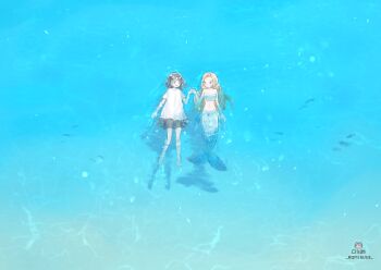 2girls 63suke afloat barefoot commentary_request holding_hands long_hair looking_at_another medium_hair mermaid miniskirt monster_girl multiple_girls ocean open_mouth original shirt short_sleeves skirt smile summer water white_shirt wide_shot