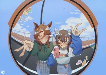 Rule 34 | 2girls, couple, daitaku helios (casual) (umamusume), daitaku helios (umamusume), denim, denim shorts, ear covers, ear ornament, f1sh c4t, feet out of frame, green shirt, grey pants, hair ornament, hand up, highres, mejiro palmer (casual) (umamusume), mejiro palmer (umamusume), multiple girls, pants, road, shirt, shorts, star (symbol), star hair ornament, sweater vest, tail, tongue, tongue out, umamusume, white shirt, yuri