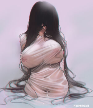 1girl alternate_breast_size_(larger) arms_behind_back black_hair breasts cameltoe dress female_pubic_hair hair_over_eyes hair_over_face huge_breasts long_hair mole mole_on_breast navel nipples no_bra no_panties paloma_piquet pubic_hair see-through_clothes solo the_ring thigh_gap very_long_hair wading wet wet_clothes wet_dress yamamura_sadako