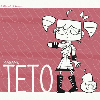 1girl ahoge boots bread buttons cartoonized character_name commentary detached_ahoge detached_hair dnurpy7 double-breasted dress food food-themed_background full_body hair_between_eyes heel_up highres instagram_username kasane_teto kasane_teto_(sv) lace-up_boots letterboxed loaf_of_bread nose pearto red_background short_hair smile standing synthesizer_v toon_(style) twitter_username utau