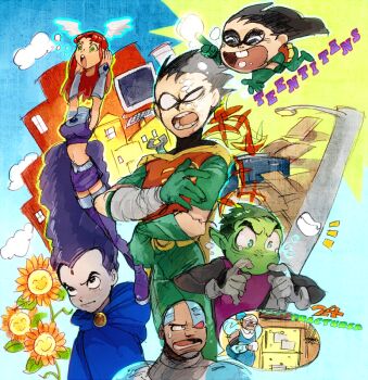 2girls 3boys bald beast_boy_(dc) black_hair bodysuit boots cape cast cloak colored_skin computer cyborg cyborg_(dc) dark_skin dc_comics dick_grayson domino_mask eye_mask garfield_logan gloves green_eyes green_hair green_skin mask midriff multiple_boys multiple_girls purple_hair purple_skirt raven_(dc) robin_(dc) skirt starfire teen_titans thigh_boots thighhighs victor_stone