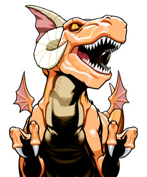 Rule 34 | capcom, capcom fighting jam, claws, dinosaur, hauzer, highres, horns, looking at viewer, mori toshiaki, no humans, open mouth, scale, scales, sharp teeth, simple background, teeth, warzard, white background, yellow eyes