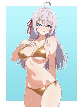 1girl absurdres ahoge alisa_mikhailovna_kujou bikini blue_background blue_eyes blush border breasts cleavage closed_mouth cowboy_shot crossed_bangs gluteal_fold gold_bikini guilegaze hair_between_eyes hair_ribbon hand_on_own_chest highres large_breasts long_hair looking_at_viewer navel red_ribbon ribbon smile solo stomach swimsuit tokidoki_bosotto_roshia-go_de_dereru_tonari_no_alya-san white_border