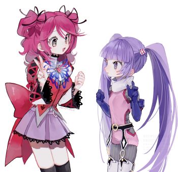 2girls absurdres back_bow black_ribbon black_thighhighs blue_gloves blunt_bangs bodysuit bow brooch brown_eyes cheria_barnes commentary_request cross-laced_clothes cross-laced_sleeves elbow_gloves gloves grey_bodysuit hair_ribbon highres jewelry lace lace-trimmed_skirt lace-trimmed_sleeves lace_trim long_hair long_sleeves looking_at_another multiple_girls nancykittyu open_mouth pink_hair pleated_skirt puffy_sleeves purple_eyes purple_hair purple_skirt red_bow ribbon short_hair simple_background skirt smile sophie_(tales) tales_of_(series) tales_of_graces thighhighs twintails two_side_up v very_long_hair white_background wide_sleeves zettai_ryouiki