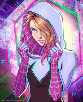 1girl black_bodysuit blonde_hair bodysuit caro_oliveira commentary english_commentary glitch gwen_stacy hair_over_one_eye hood hooded_bodysuit marvel multicolored_bodysuit print_bodysuit solo spider-gwen spider-man:_across_the_spider-verse spider-man_(series) spider-verse spider_web_print watermark web_address white_bodysuit