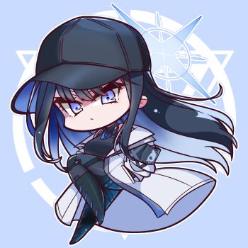 1girl absurdres baseball_cap black_boots black_hair black_hat black_shirt blue_archive blue_eyes blue_hair blue_halo boots chibi chibi_only closed_mouth colored_inner_hair commentary_request expressionless eyelashes eyes_visible_through_hair floating_hair full_body hair_between_eyes halo hand_in_pocket hat highres jacket long_hair looking_at_viewer multicolored_hair nckak9rjjdjff4e open_clothes open_jacket outline saori_(blue_archive) shirt sidelocks simple_background sleeveless sleeveless_shirt solo straight_hair tsurime two-tone_hair very_long_hair white_jacket white_outline